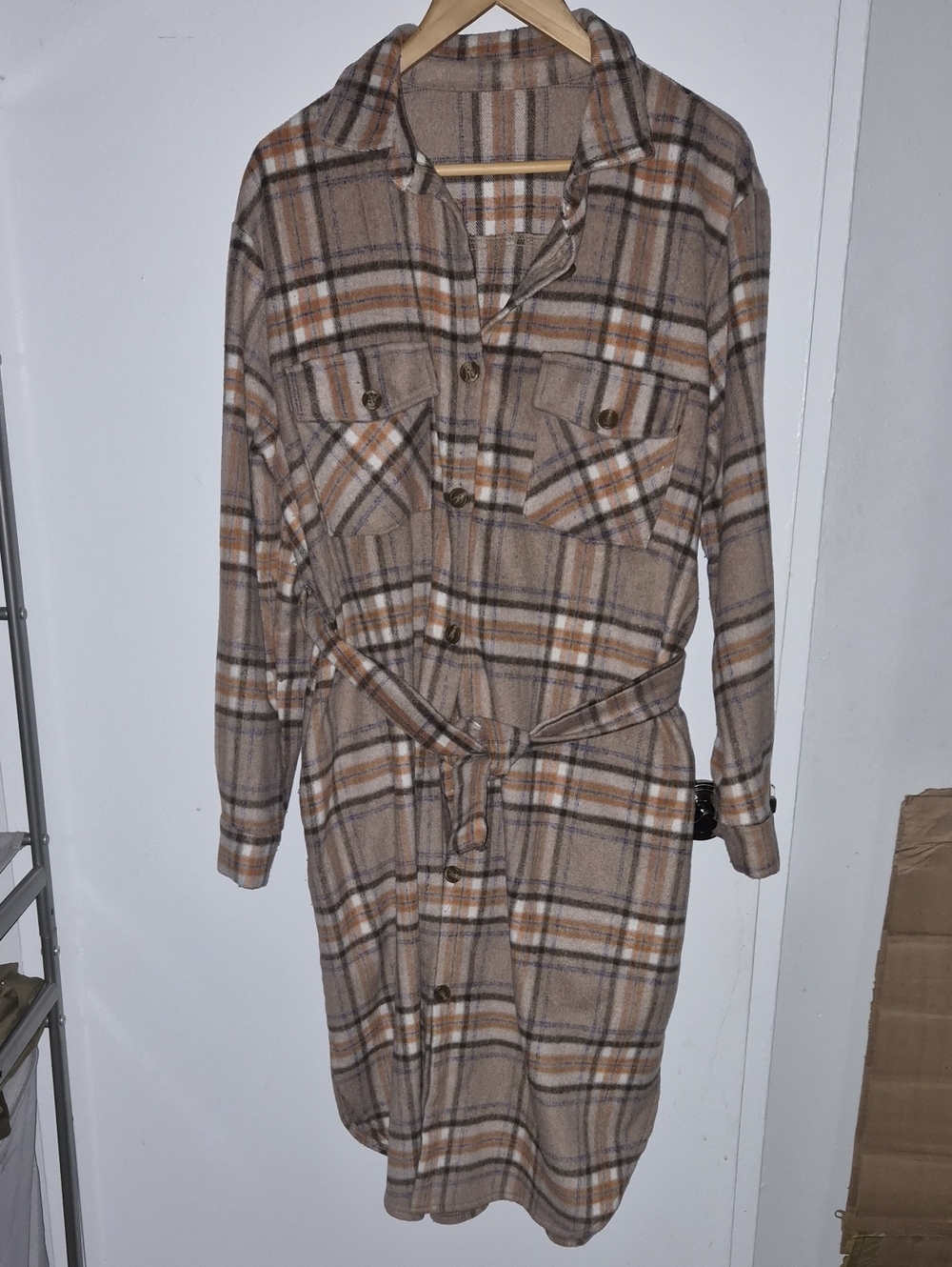 Plaid Button-Front Shirt Dress with Belt - Beige Plaid